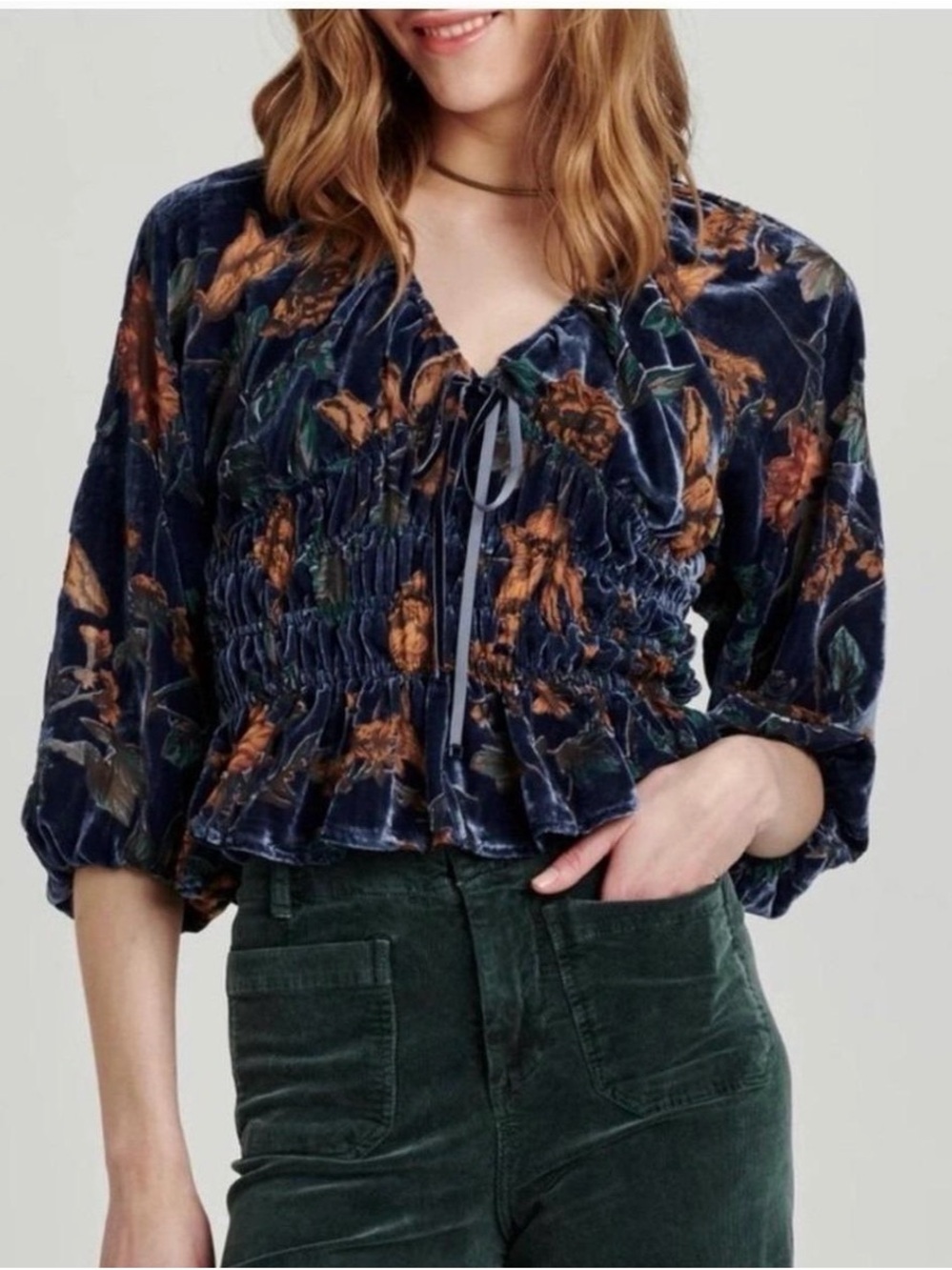 Another Love Velvet Floral Smocked Peasant Blouse - Navy/Gold